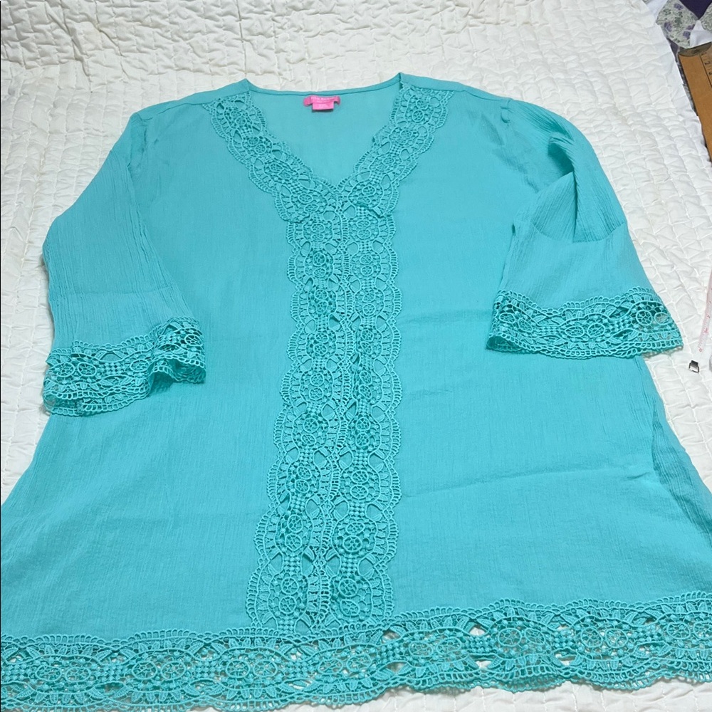 🎉🎉Host Pick🎉🎉  Isaac Mizrahi Chic Turquoise Lace Women's Beach Coverup size XXL